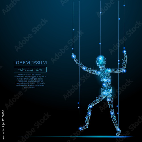 Polygonal puppet. Vector mesh spheres from flying debris. Thin line business or political concept. Blue structure style illustration