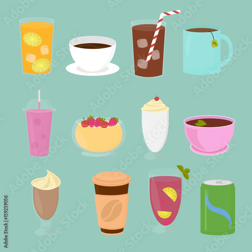 Vector illustration set of drinks in flat cartoon style. Cup of tea, hot chocolate, latte, coffee, smoothie, juice, milk shake, lemonade.