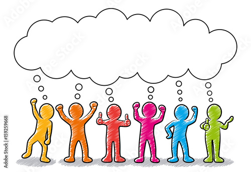 Set: Motivierte und erfolgreiche Business-Strichmännchen mit Wolken-Sprechblase / farbig, bunt, Zeichnung, gezeichnet, handgezeichnet, schraffiert, Design, Vektor, freigestellt