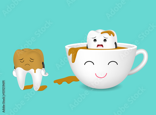  Tooth character and cup of coffee. Coffee makes your teeth yellow. Dental care concept, funny  illustration.