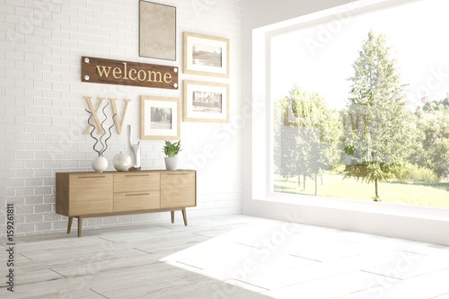 Billede på lærred White room with shelf and green landscape in window