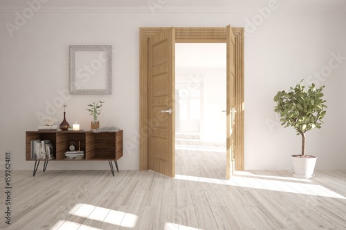 White empty room with open door. Scandinavian interior design. 3D illustration © AntonSh