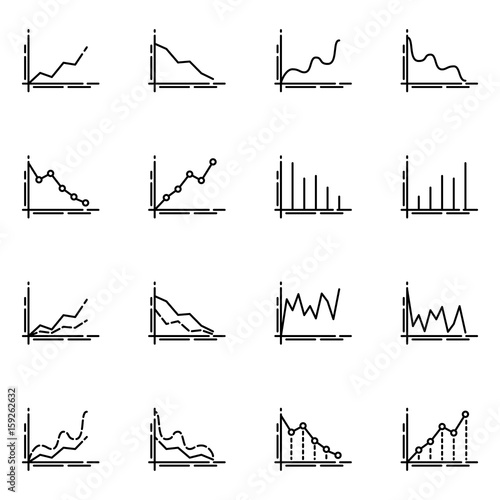 Set of growth and down graphs outline vector icon.