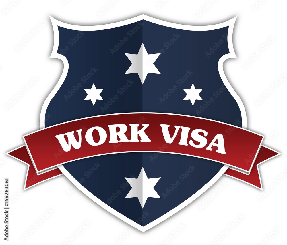 Blue shield and red ribbon with WORK VISA text. Blue shield and red ribbon with WORK VISA text.