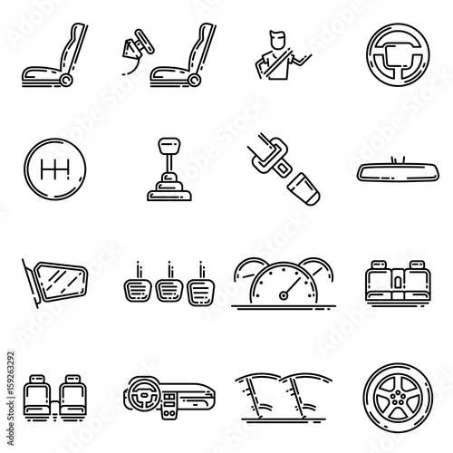 Set of car interior details outline vector icon. Includes seats, back seats, dashboard, transmission and safety belt.