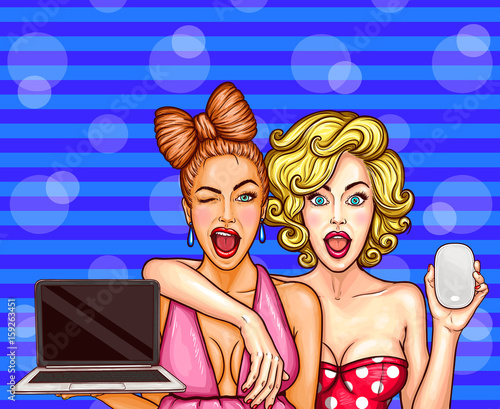 Vector pop art illustration of two young glamorous enthusiastic girls hold in their hands open laptop and computer mouse. Poster for the advertising discounts, sales and promotion a new laptop model