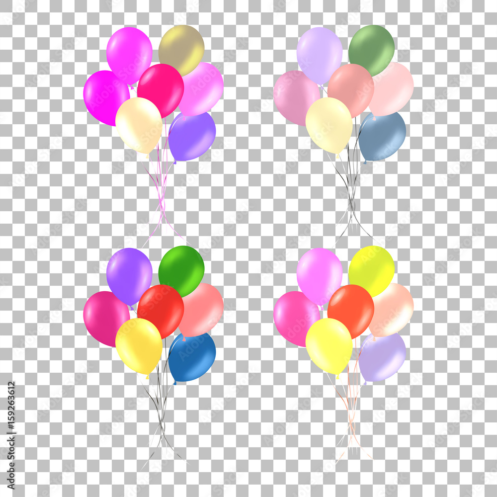 Bunch of colorful helium balloons isolated on transparent background. Party decorations for birthday, anniversary, celebration.