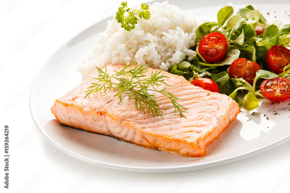 Roast salmon with white rice on white background Roast salmon with white rice on white background