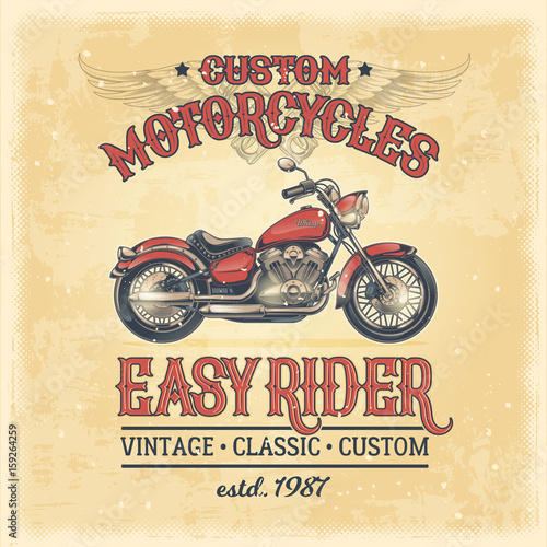 Vector color illustration of a vintage poster with a custom motorcycle. Print, template, advertising design element for the motor club, motorcycle repair shop