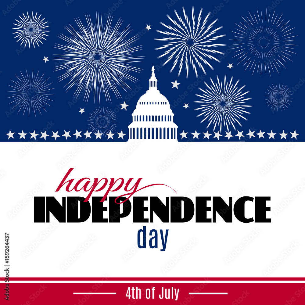 Happy Independence day greeting card. Patriotic American background with White house and Capitol building Washington DC symbol with fireworks. Vector illustration Happy Independence day greeting card. Patriotic American background with White house and Capitol building Washington DC symbol with fireworks. Vector illustration