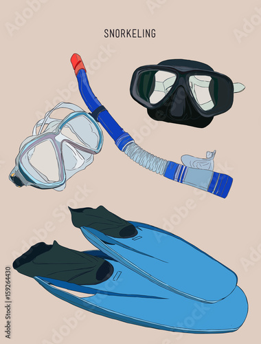 snorkeling equipment , fin , diving mask with tube , sketch vector.