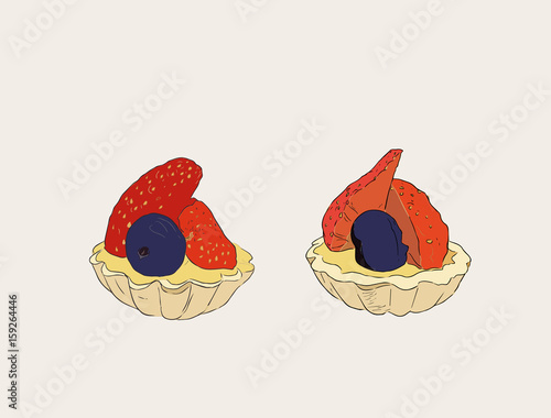 strawberry and blueberry mini tart , sketch vector.