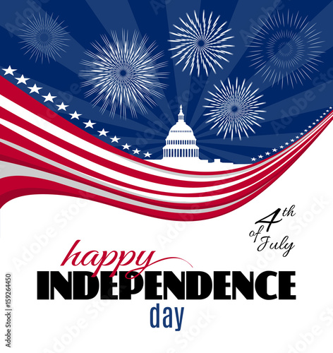 Happy Independence day greeting card or poster template. Patriotic American background with abstract USA flag and White house and Capitol building Washington DC symbol. Vector illustration