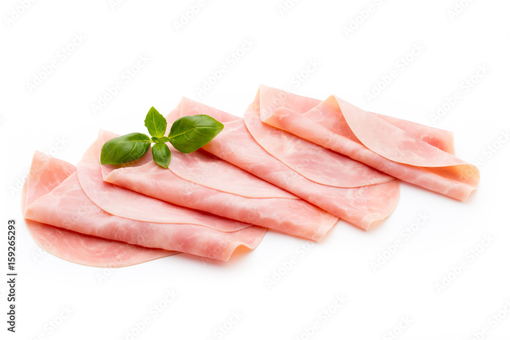 Thin slices of ham on white background.