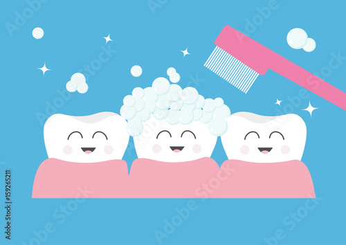 Tooth gum icon. Three cute funny cartoon smiling character set. Toothbrush with toothpaste bubble foam. Oral dental hygiene. Children teeth care. Tooth health. Baby background. Flat design.
