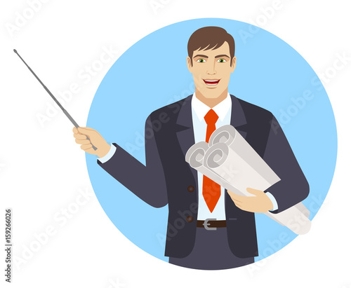 Businessman holding the project plans and holding a pointer