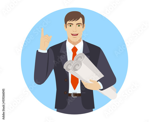 Businessman holding the project plans and pointing up