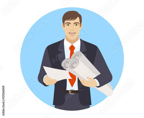 Businessman holding the project plans and paper