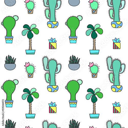 Green cactus vector seamless pattern on white background. Green plants pattern tile