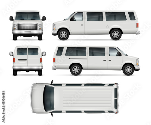 Passenger van vector template for car branding and advertising. Isolated mini bus on white. All layers and groups well organized for easy editing and recolor. View from side, front, back, top.