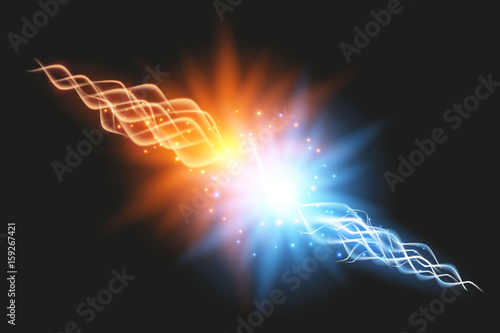 Collision of two forces with gold and blue light. Vector illustration. Hot and cold sparkling power. Energy lightning with electric discharge isolated on transparent background