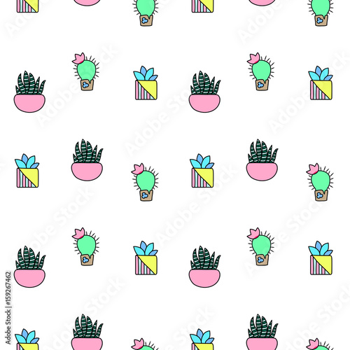 Tiny cactus and succulent vector seamless pattern. Green plants pattern tile.