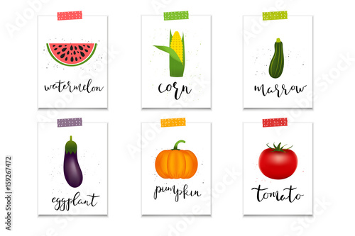 Sticker of Healthy vegetables and hand drawn lettering.