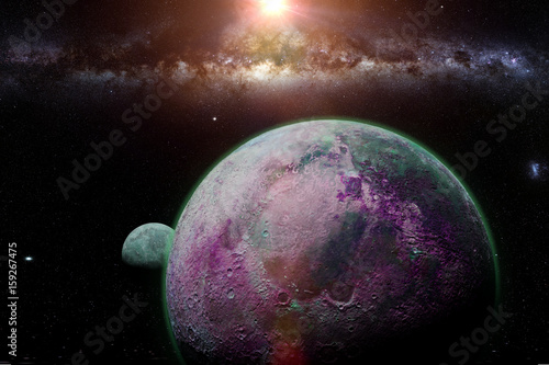 Fototapeta Naklejka Na Ścianę i Meble -  habitable alien planet with moon and the Milky Way galaxy