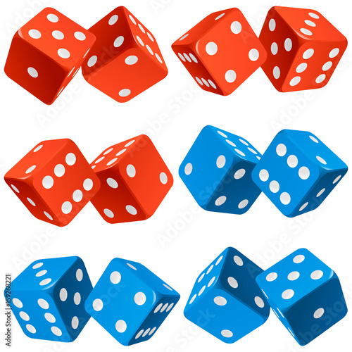 Vector Casino Dice Set of Authentic Icons. Red and Blue Pair of Poker Cubes Isolated on White Background. 3d Board Game Pieces