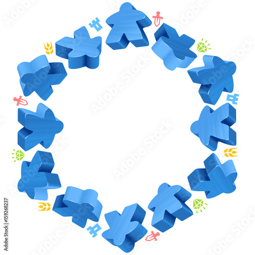 Hex frame of blue meeples for board games. Game pieces and resources counter icons isolated on white background. Vector border for design boardgames advertisement or template of geek t-shirt print