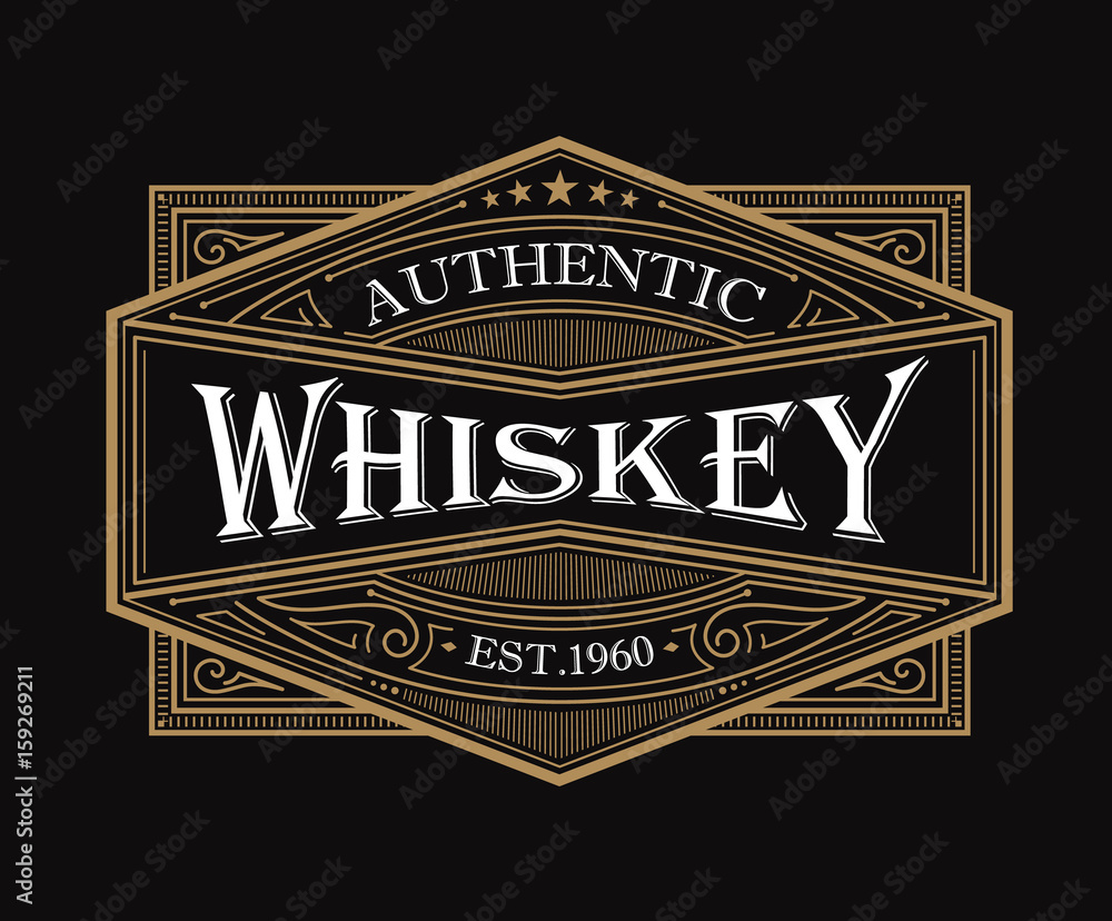 Whiskey label antique frame vintage border engraving western retro vector illustration