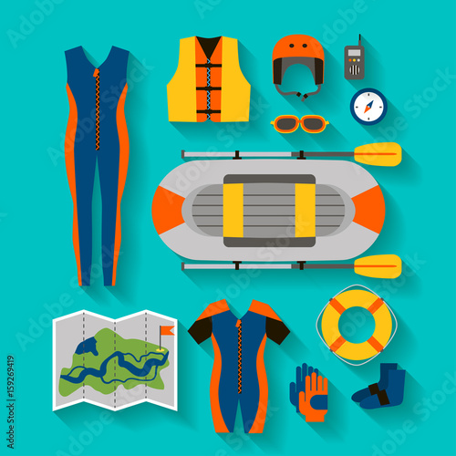 Set of equipment for sports and outdoor activities flat design. Boat, clothes, compass and map for rafting. For website, print and advertising, vector illustration