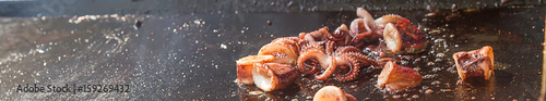 Squid and octopus on the grill. BBQ on the street. Fast food.