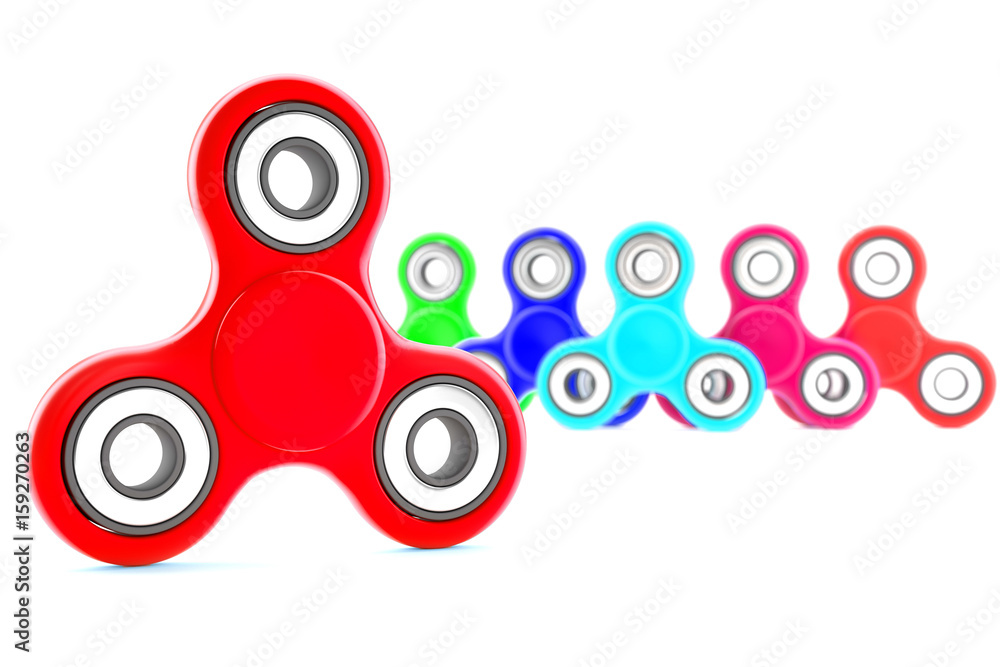 Set of colorful fidget spinners with different colors Very popular toy for distress relief. 3d render illustration.