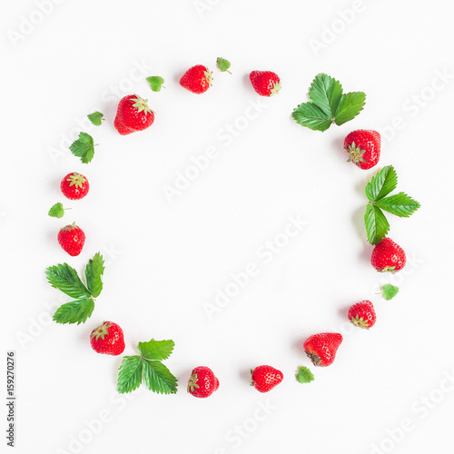 Strawberry on white background. Creative round frame made of strawberry. Summer concept. Flat lay, top view, square