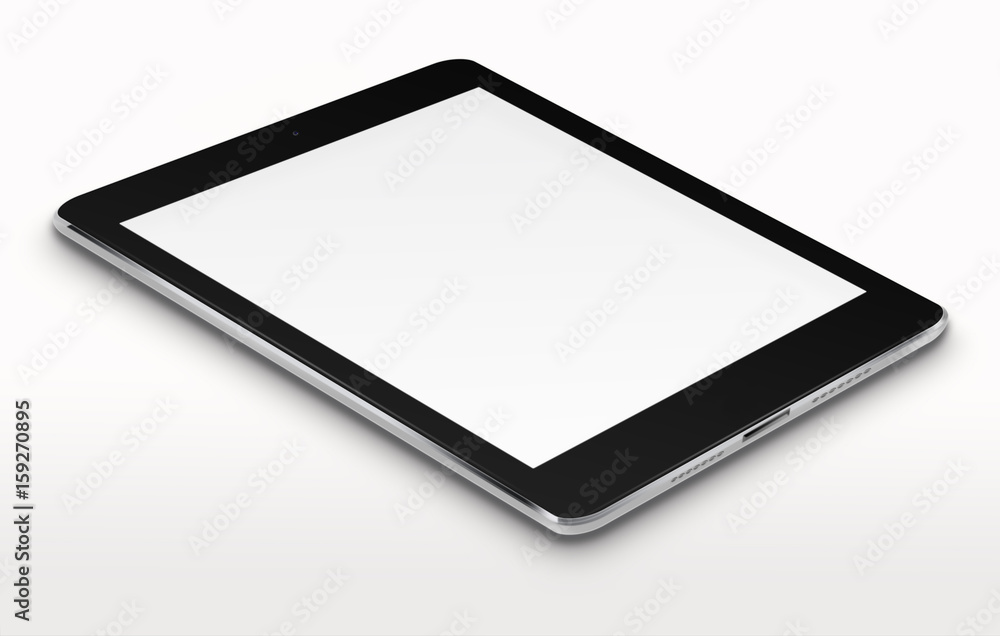 Realistic tablet computer with blank screen on gray background. 3D illustration. Realistic tablet computer with blank screen on gray background. 3D illustration.