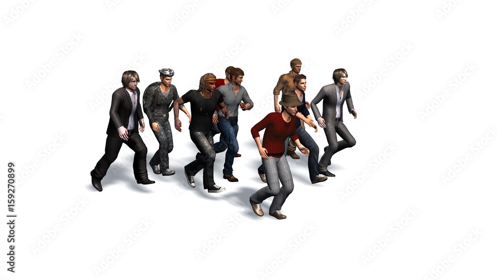 Small group of men running - isolated on white background - 3d illustration Small group of men running - isolated on white background - 3d illustration