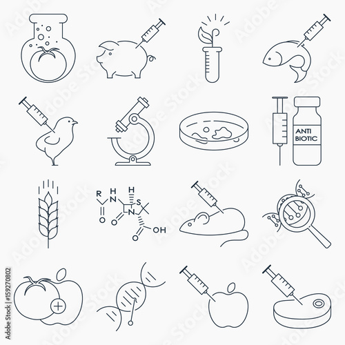 Collection of genetic modification outline icons. GMO. Genetic engineering. Genetic mutation.