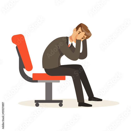 Unfortunate businessman dissatisfied with his work sitting on the chair, unsuccessful character vector Illustration