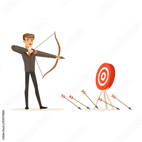 Faiiled businessman with bow and arrow is aiming at target, unsuccessful character vector Illustration