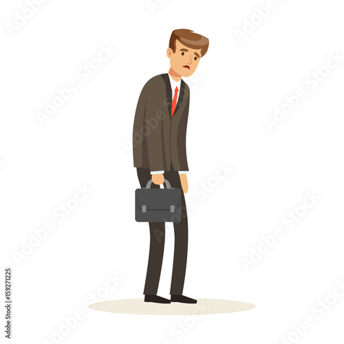 Failed and stressed businessman standing with briefcase, unsuccessful character vector Illustration