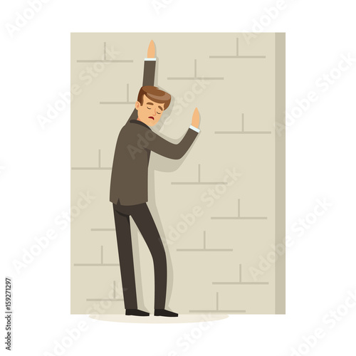 Failed and stressed businessman standing and leaning against a concrete wall, unsuccessful character vector Illustration