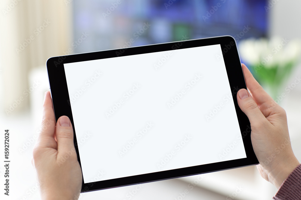 Female hands holding computer tablet with isolated screen in room