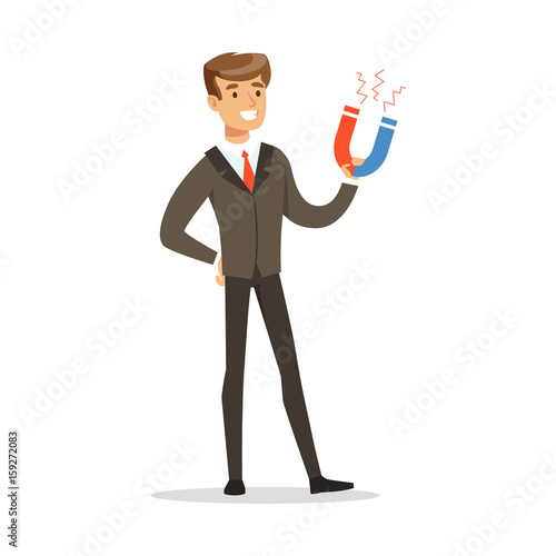 Successful businessman standing and holding magnet vector Illustration