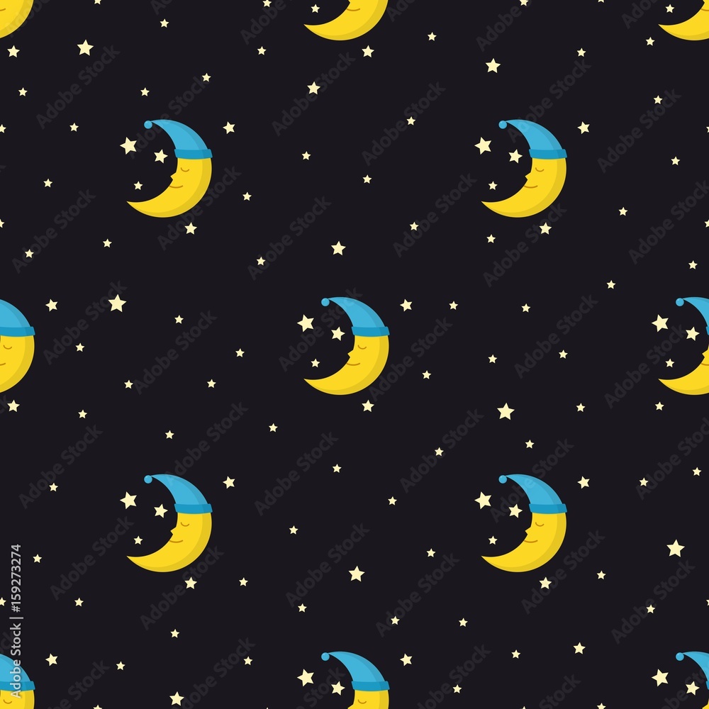 Good Night seamless pattern with cute sleeping moon and stars. Vector illustration