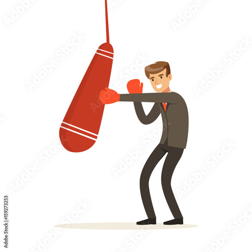 Smiling businessman in boxing gloves hitting a punching bag vector Illustration