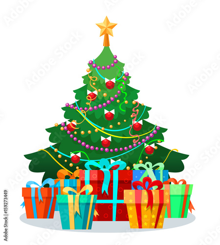 Vector decorated christmas tree with bulbs and gifts vector illustration. Winter presents xmas trees card element isolated on white background