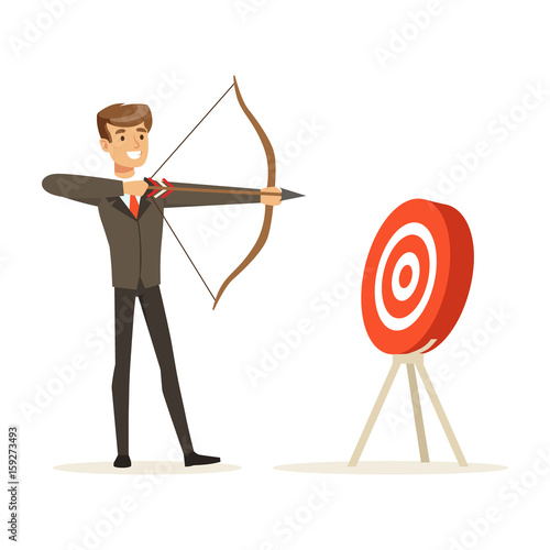 Cheerful businessman aiming target with bow and arrow vector Illustration