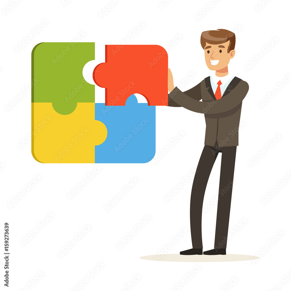 Smiling businessman assembling colorful jigsaw puzzle vector Illustration