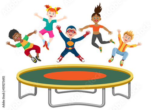 Energetic kids jumping on trampoline isolated on white background. Active happy girls and boys have fun gymnastic on the trampoline vector illustration
